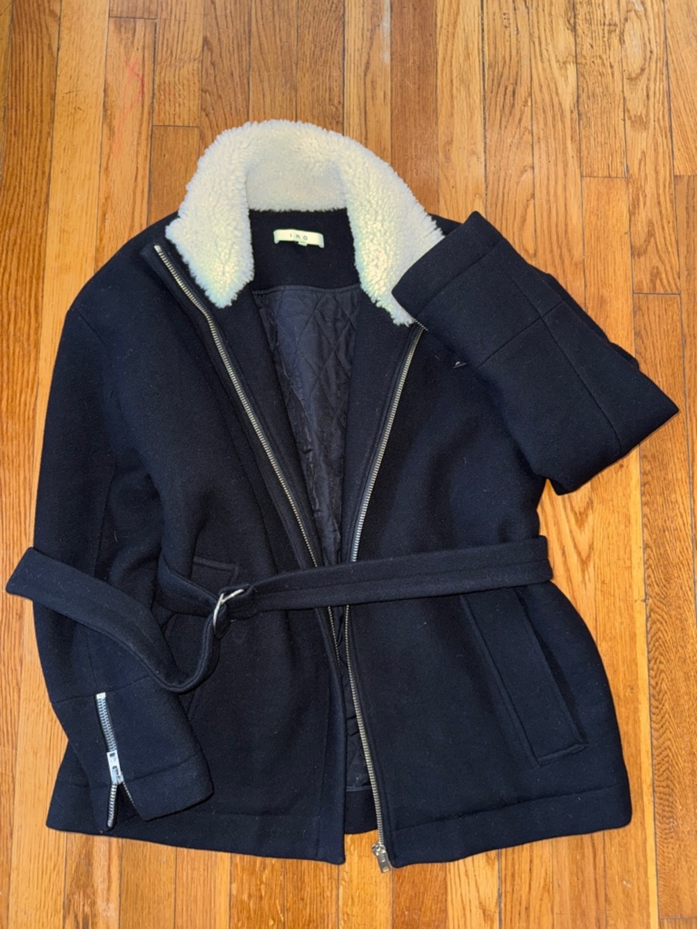 IRO achida virgin Wool Belted short Pea Coat Faux Shearling Collar size 38 - M